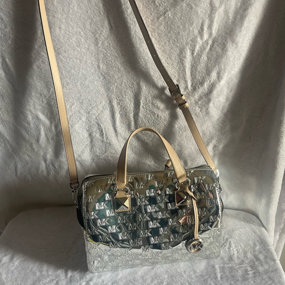 EUC Clean Michael Kors Metallic Grayson Chrome Silver and Tan Women's Bag - Picture 3 of 7